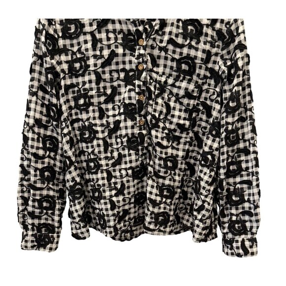 Pilcro Womens Whitney Top Small Black White Gingham Floral Buttons Officesiren - Picture 3 of 7
